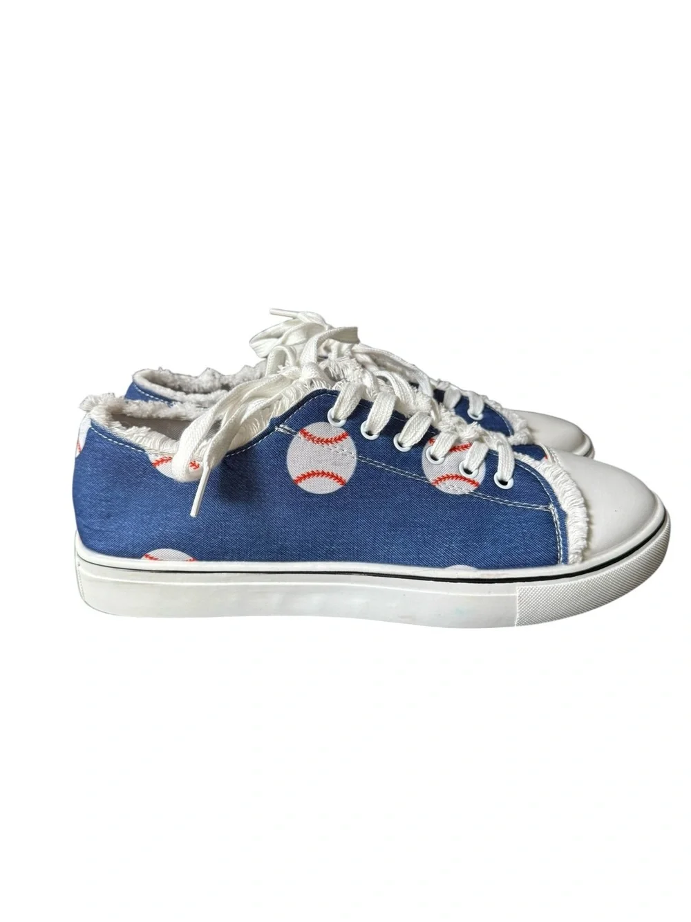 Women’s Canvas Denim Baseball Print Lace Up Sneakers Size 9.5 Blue White NWOT